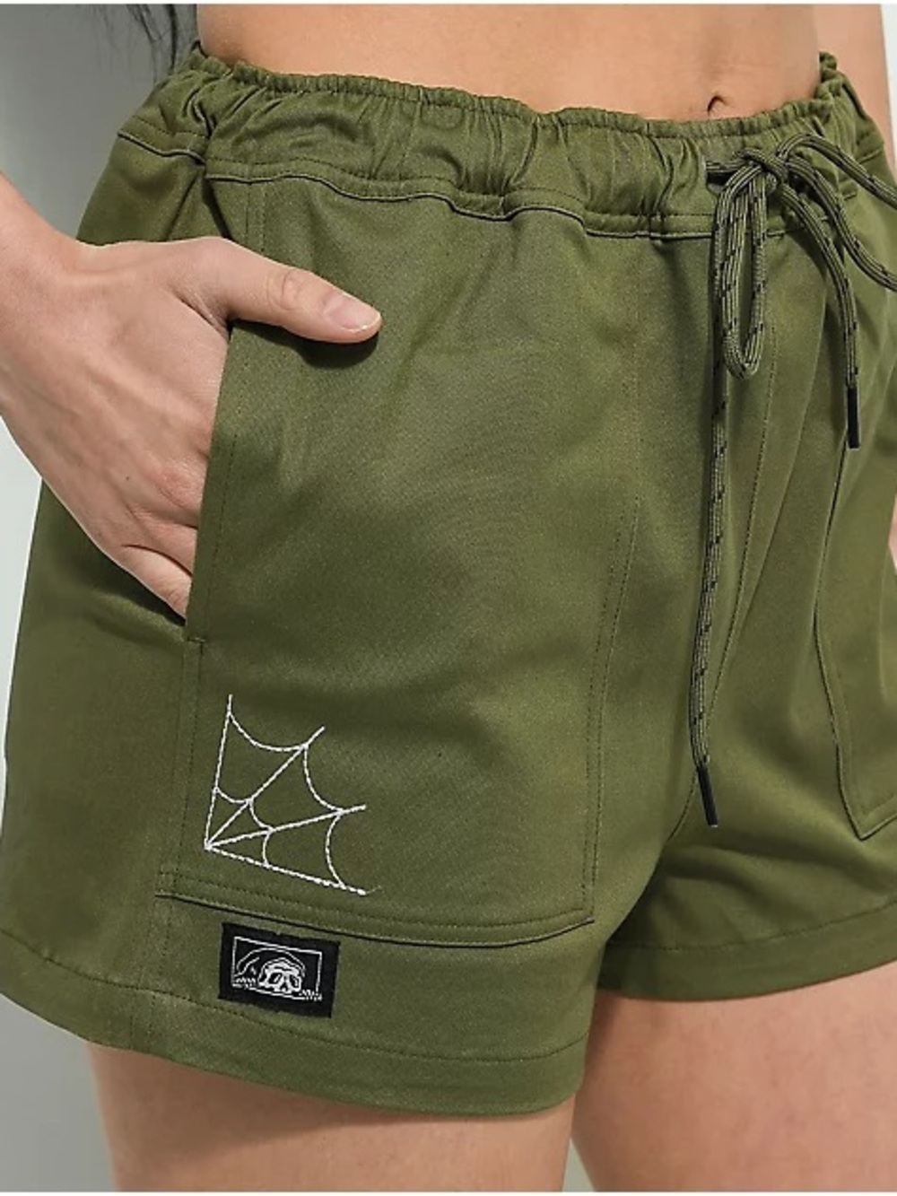 Lurking Class High-Waist Olive Drawstring Shorts with White Web Embroidery